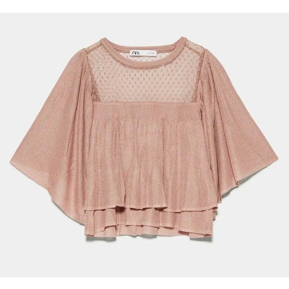 Zara EUC Ruffled Mesh Details Knit Top Blouse Size S Bloggers Favourite - Picture 3 of 9